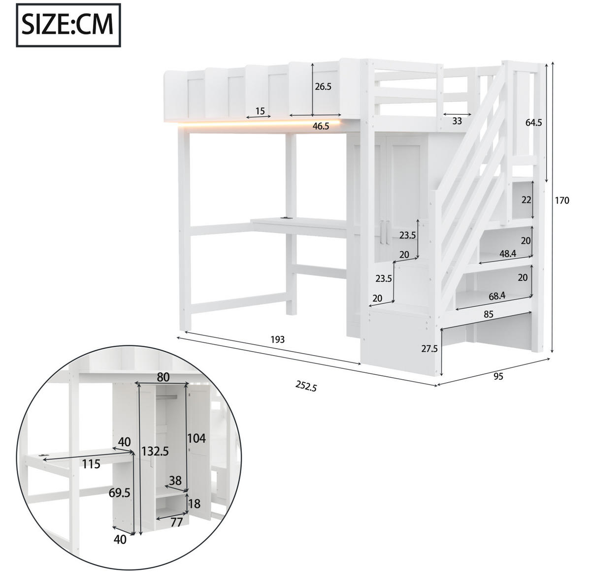 HOCHBETT 90/200 cm aus Holz mit Schreibtisch Kleiderschrank LED und Stauraumleiter Weiß - Weiß, Holz (90/200cm) - Modenvie