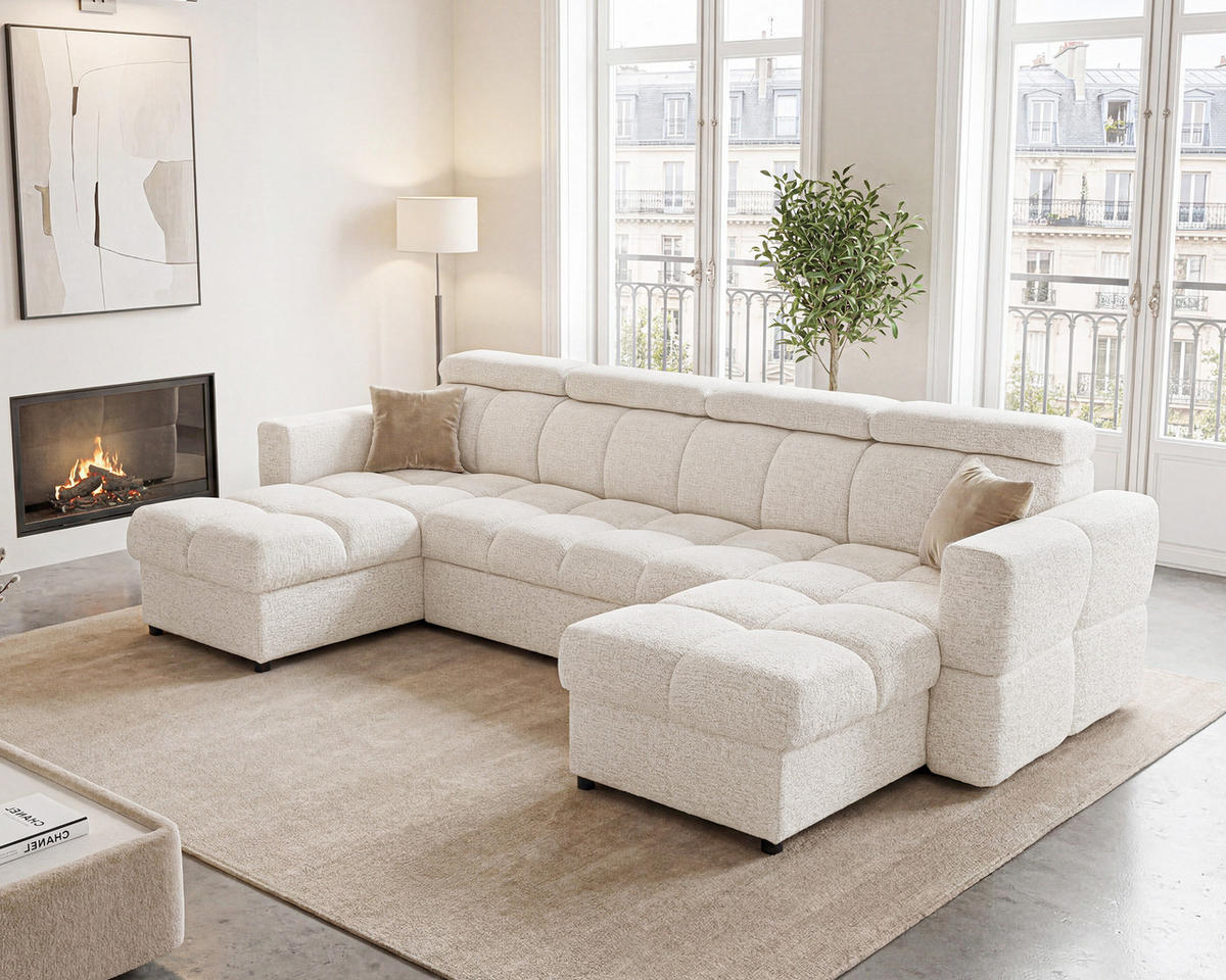 WOHNLANDSCHAFT BELUNO mit Schlaffunktion und Bettkasten Creme - Creme/Schwarz, Kunststoff/Textil (302/84/160cm) - Idohome