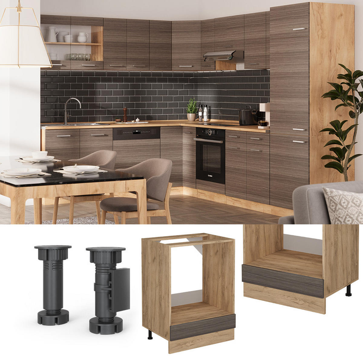 SKŘÍŇKA NA VESTAVĚNOU TROUBU R-Line Ušlechtilá šedá - šedá/medově dubová, kompozitní dřevo (60/81.6/46cm) - Vicco