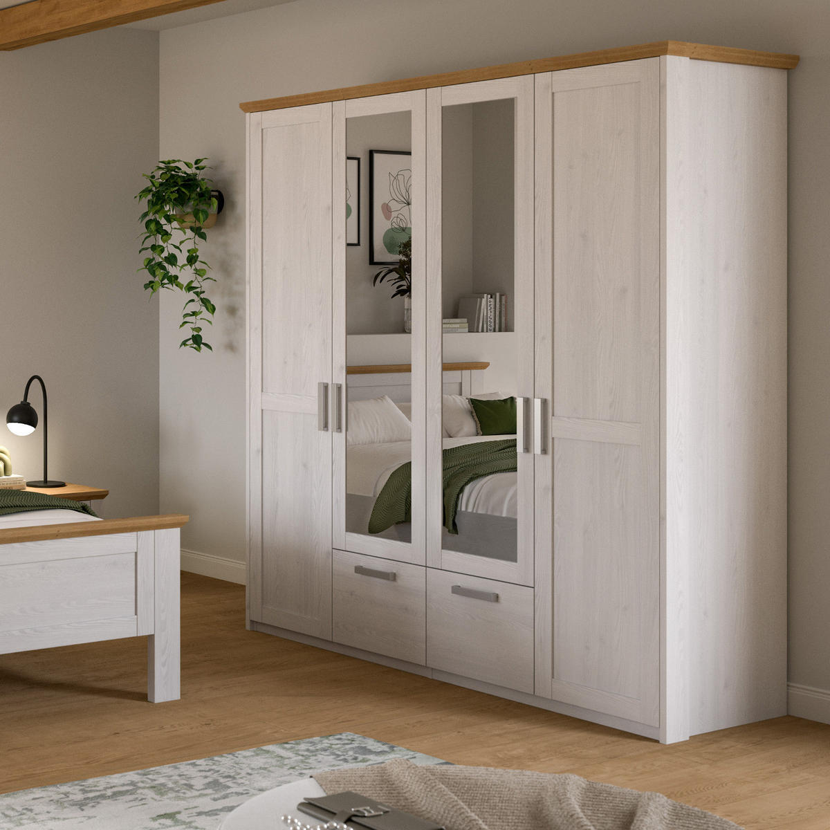 KLEIDERSCHRANK weiß Lärche, Eiche Artisan Landhaus, Drehtürenschrank 4-türig mit Spiegel - Eichefarben/Silberfarben, Glas/Holzwerkstoff (188/200/61cm) - Inn.Furn