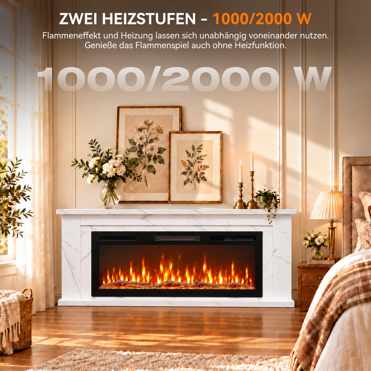 ELEKTROKAMIN 50E-2, 50 Zoll, 1000/2000 W Heizleistung, Steuerung über App - Weiß, Holzwerkstoff (27.5/66/178cm)