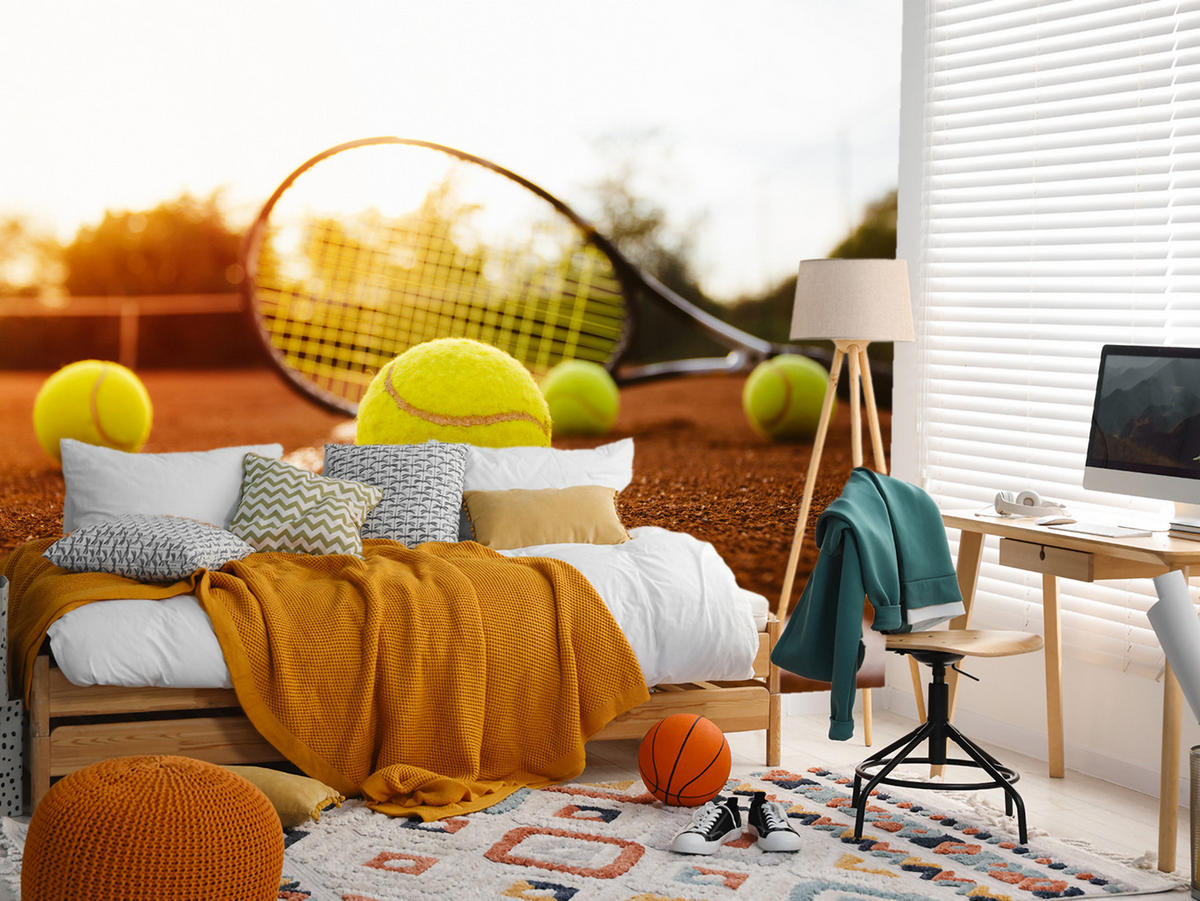 FOTOTAPETE für Jugendzimmer Tennisschläger Court Sport Ball 350x256 - Gelb/Orange, Papier (350/256cm) - Muralo