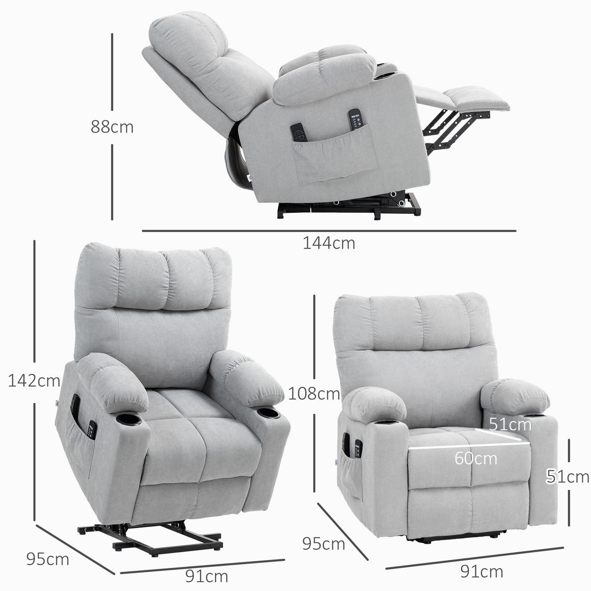 FERNSEHSESSEL mit Aufstehhilfe, Hellgrau - Hellgrau/Schwarz, Textil/Metall (95/109/91cm) - HOMCOM
