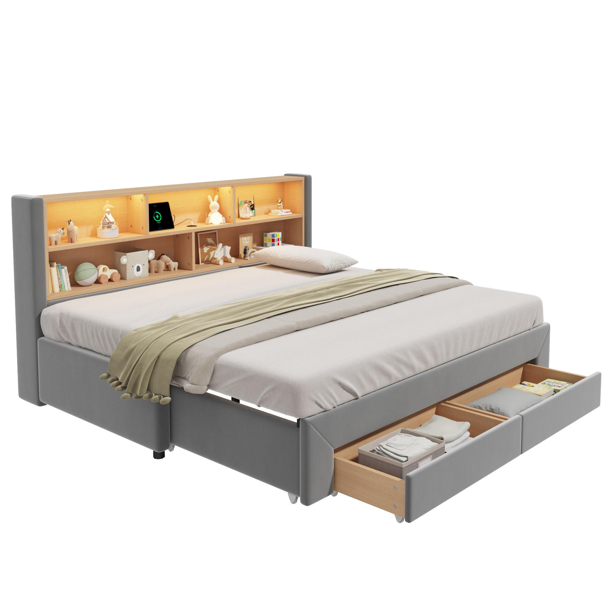 POLSTERBETT 90/200 cm & 180/200 cm in Grau mit Schubladen, offenen Fächern, USB, Type-C und LED Samt Design - Grau, Holzwerkstoff/Textil (90/200cm) - STILVORA