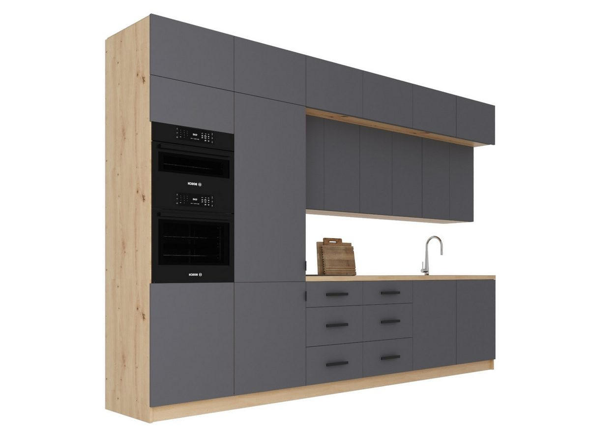 KÜCHENZEILE 360 cm - Langen K72-M360 in Grau/Matt - Schwarz/Grau, Holz/Metall (360/248/58cm)