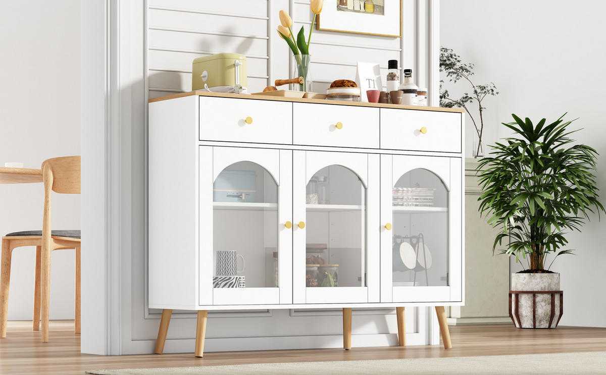 SIDEBOARD mit Glasfront und Schubladen Weiß/Eiche - Weiß, Glas/Holzwerkstoff (34/94/120cm) - Urban Meuble