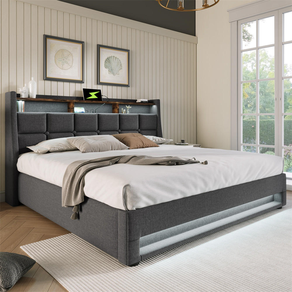 POLSTERBETT 180/200 cm in Grau mit USB - Grau, Holz/Textil (180/200cm) - KOMHTOM