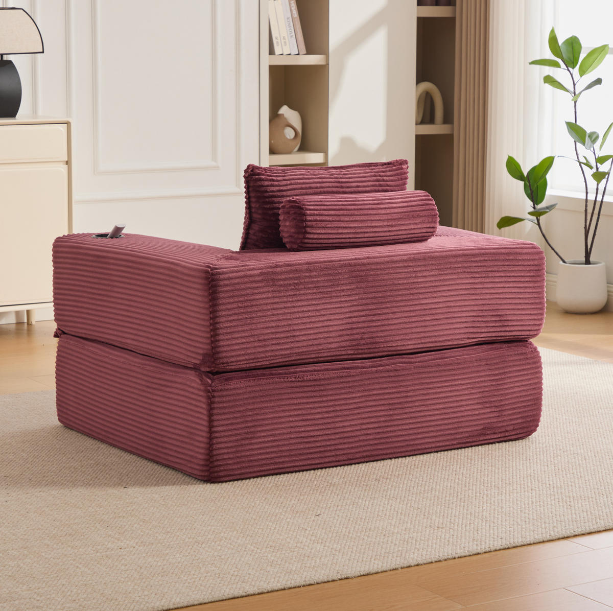 KLAPPSOFA aus Cord mit Seitenfach und Getränkehalter 122 cm Wine Red - Rot, Kunststoff (98/80/122cm) - Meubliv