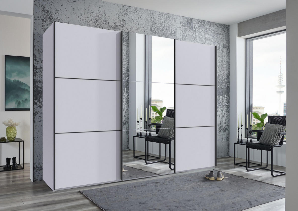 SCHWEBETÜRENSCHRANK 3-türig B300/H216/T65 cm inkl. Vollausstattung in Weiß mit Spiegel / 22019 - Schwarz/Weiß, Holzwerkstoff/Metall (300/216/65cm) - luma-home