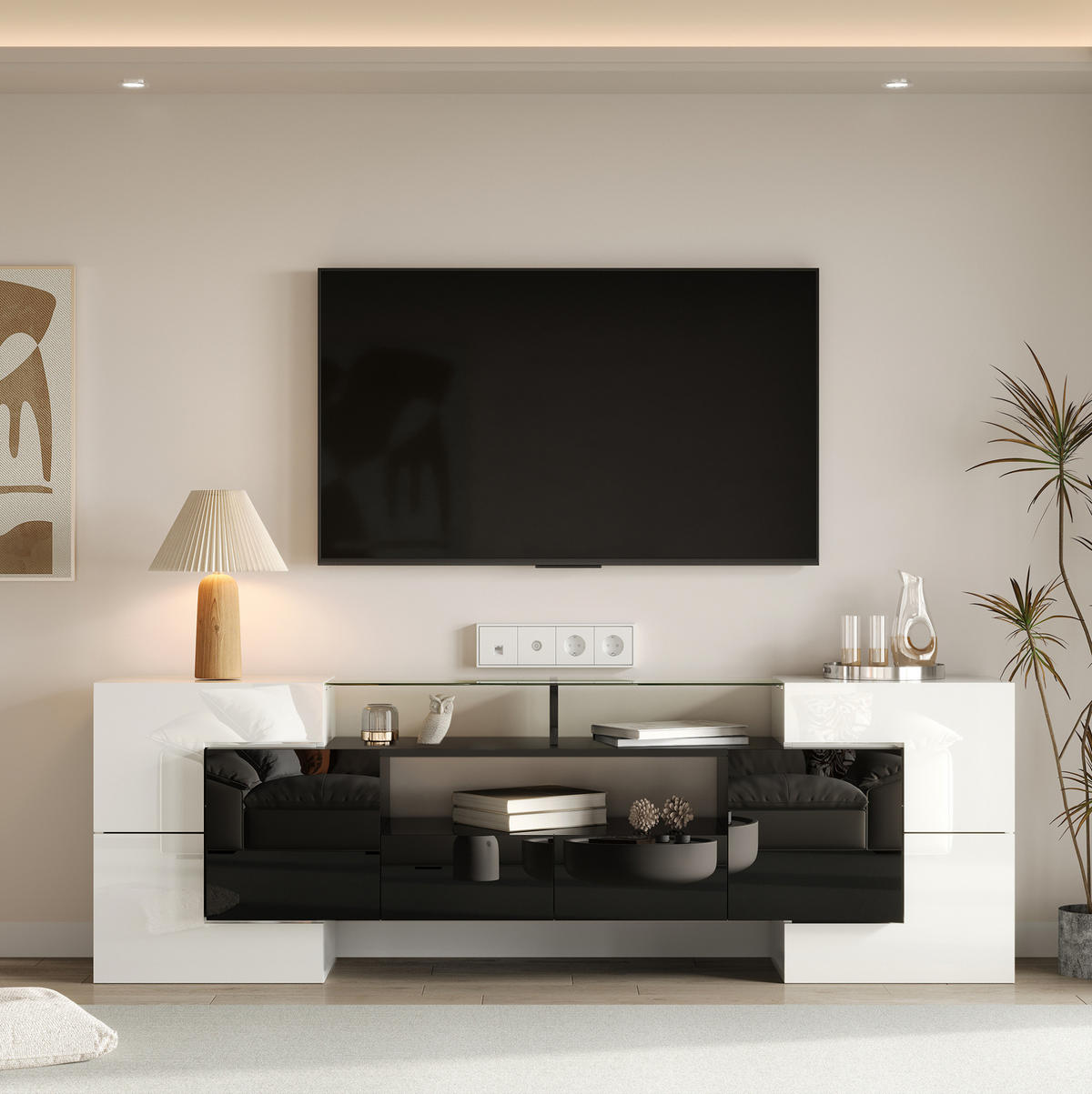 TV-LOWBOARD 200/35/60 cm mit LED-Beleuchtung und 2 Schubladen - Schwarz, Holzwerkstoff (200/60/35cm) - BEAOK