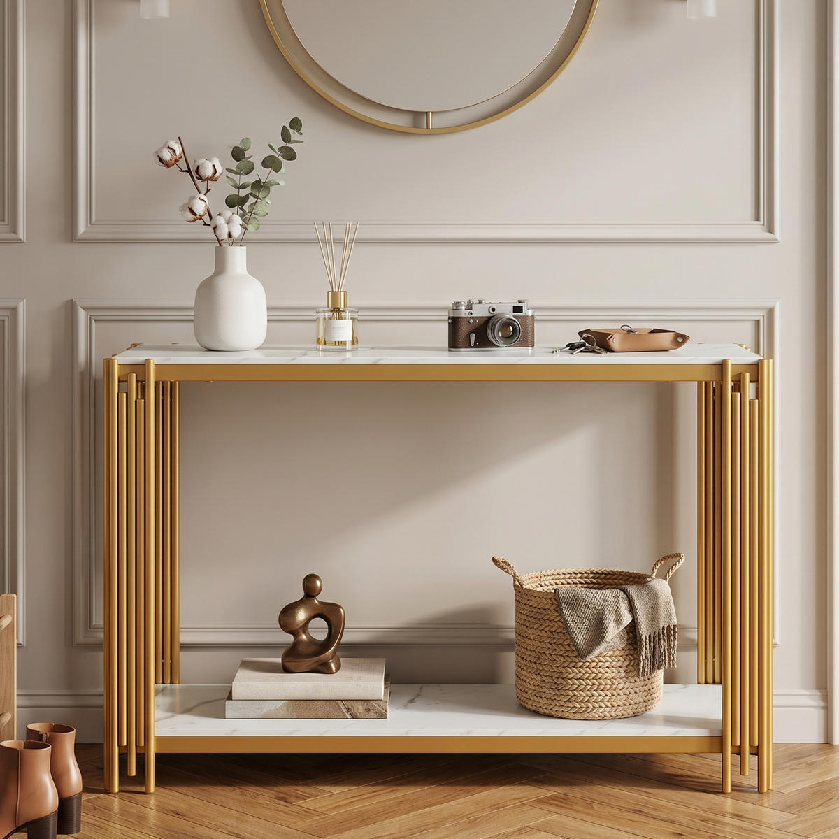 KONSOLENTISCH mit 2 Ablagen Marmoroptik/Gold 123,5/33,5/80 cm - Goldfarben/Weiß, Holzwerkstoff/Metall (124/34/80cm)
