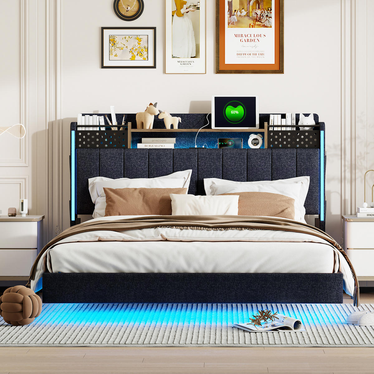 POLSTERBETT 140/200 cm grau aus Leinenstoff mit LED und USB-Anschluss mit Stauraum - Grau, Textil (140/200cm) - OKWISH