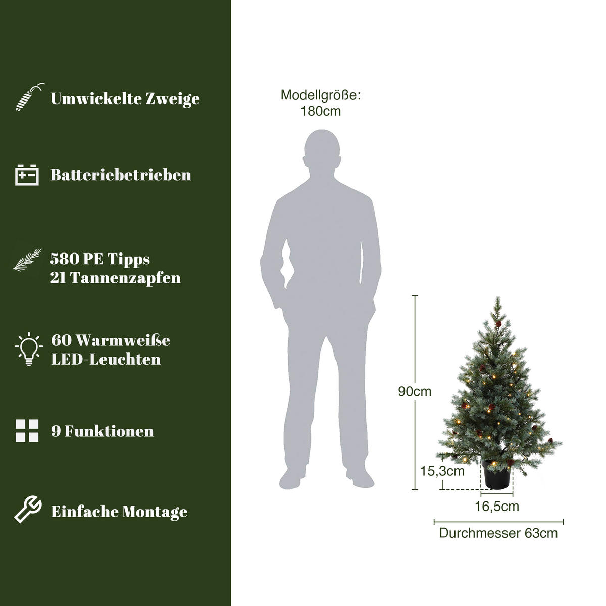 KÜNSTLICHER Weihnachtsbaum mit Beleuchtung 90 cm, Schwarzer Kunststofftopf - Grün, Kunststoff (63/90/63cm) - Hometopia