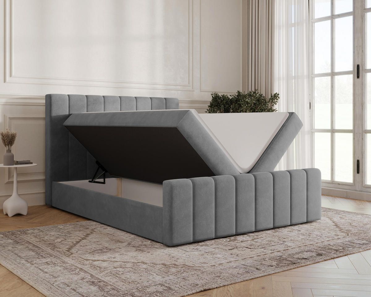 BOXBETT 01 BIS 140 x 200 cm - Manila - Modernes Polsterbett mit Bettkasten inkl. PU-Schaum-Topper und Federmechanismus - Dunkelgrau, Holz (140/200cm) - ROYAL24_MARKT