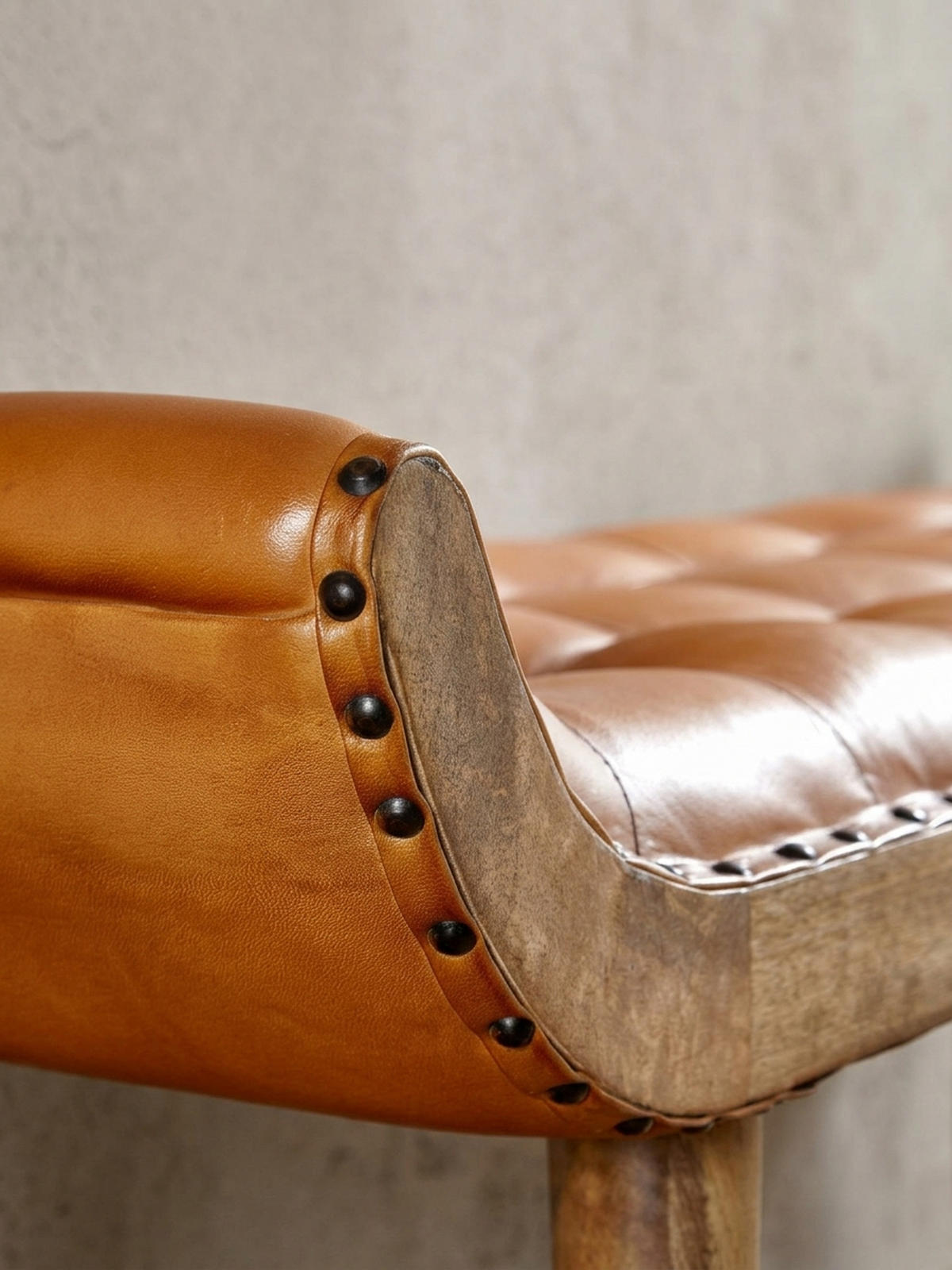 SITZBANK Massivholz Chesterfield Muster, Braun 125x38x50 cm - Braun, Mangoholz/Leder (125/50/38cm) - KADIMA DESIGN