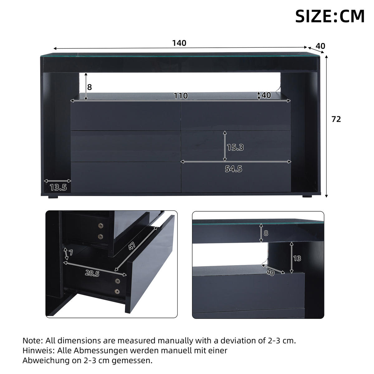 SIDEBOARD mit 6 Schubladen und LED Schwarz - Schwarz, Glas/Holzwerkstoff (40/72/140cm) - Urban Meuble