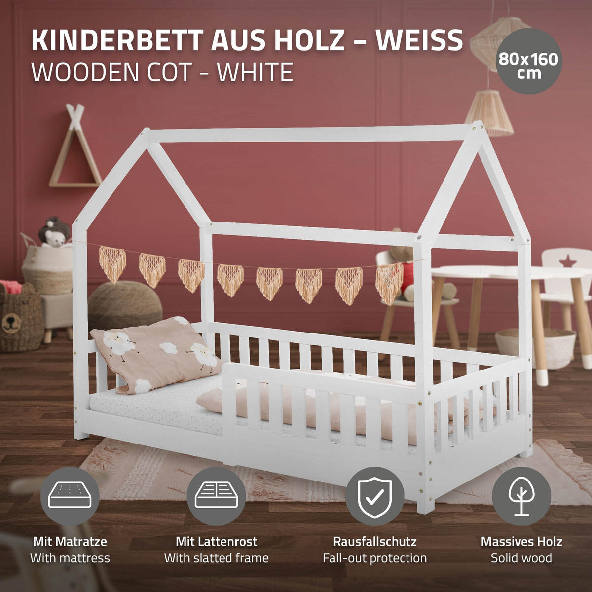 KINDERBETT mit Dach und Matratze 80x160 cm Weiß - Weiß, Holz (88/132/165cm) - ML-DESIGN