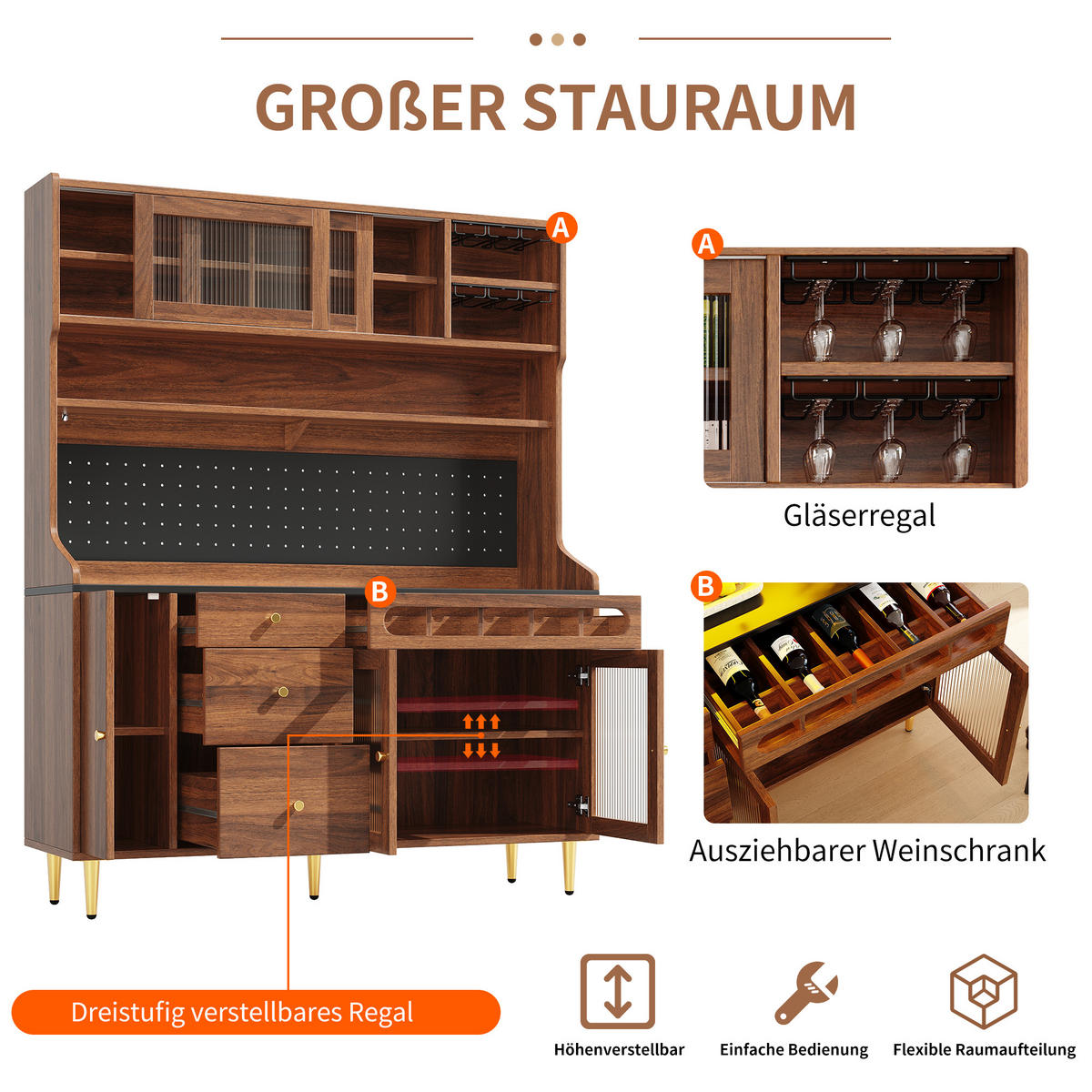 BUFFET 145/39/171 cm walnuss aus MDF und Glas mit LED - Walnussfarben, Glas (145/171/39cm) - OKWISH