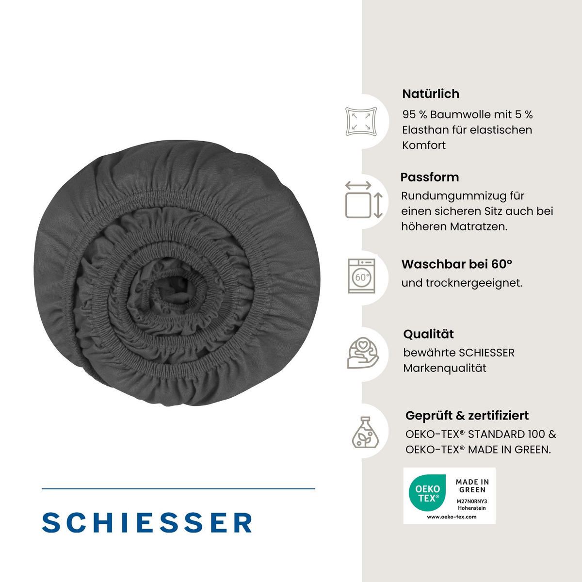 TOPPERSPANNBETTLAKEN Flexi 95 % Baumwolle, 5 % Elasthan 180x200 cm Dunkelgrau - Dunkelgrau, Textil (180/200cm) - SCHIESSER