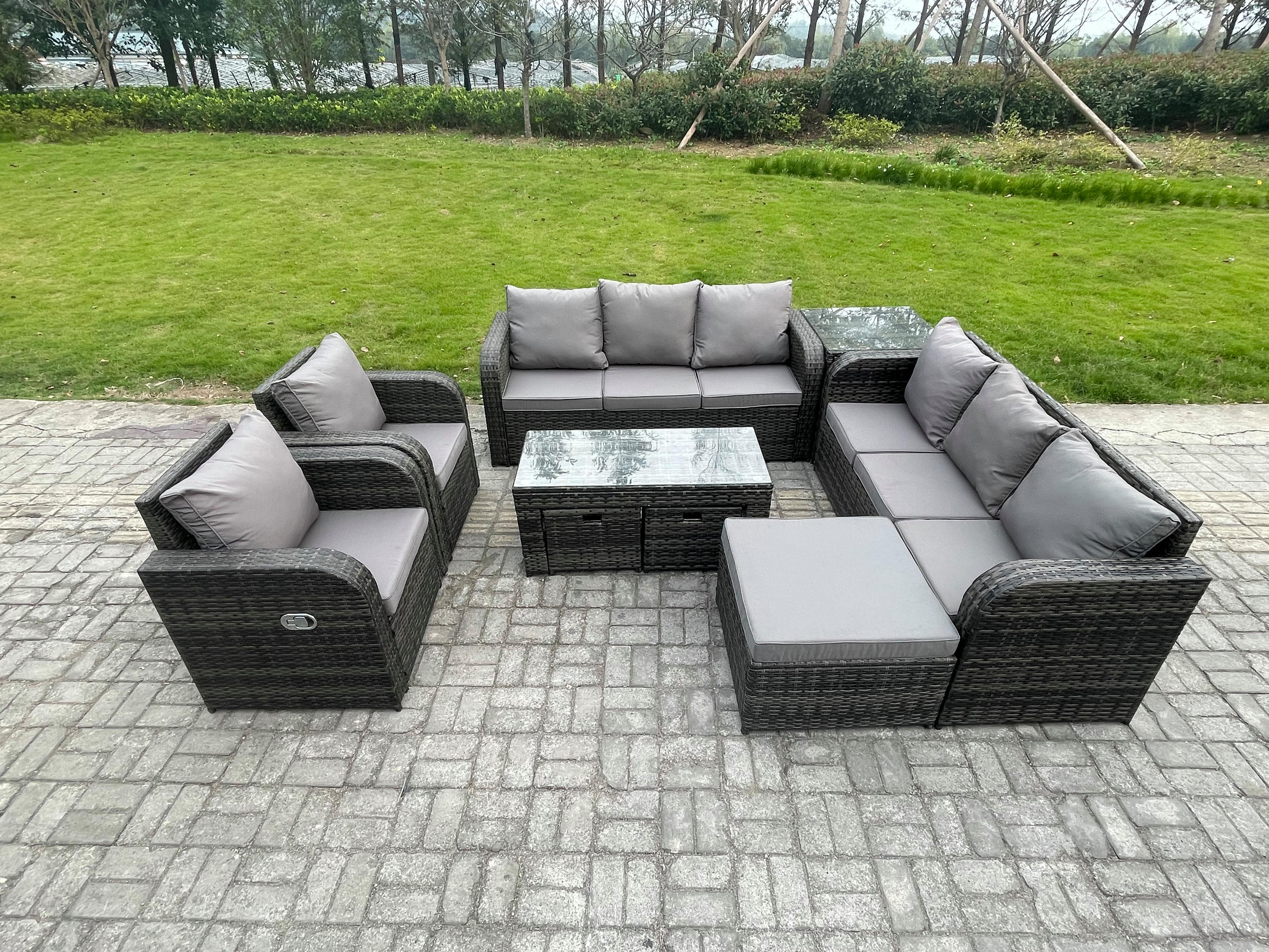 GARTENSOFA SET mit rechteckigem COUCHTISCH Polyrattan 9-Sitzer Dunkelgrau - Dunkelgrau/Grau, Glas/Kunststoff - Fimous