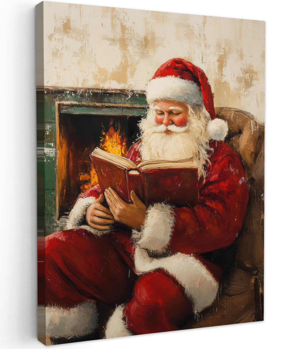 LEINWANDBILD Weihnachten - Weihnachtsmann - Winter - Open Fireside 60x80 cm - Dunkelrot, Textil (60/80cm) - MuchoWow