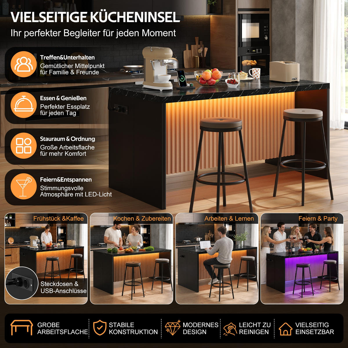KÜCHENINSEL 155/80/90 cm Schwarz mit LED-Leuchten, 2 Steckdosen und 2 USB-Anschlüsse - Schwarz, Holz/Holzwerkstoff (80/90/155cm) - Oxeza