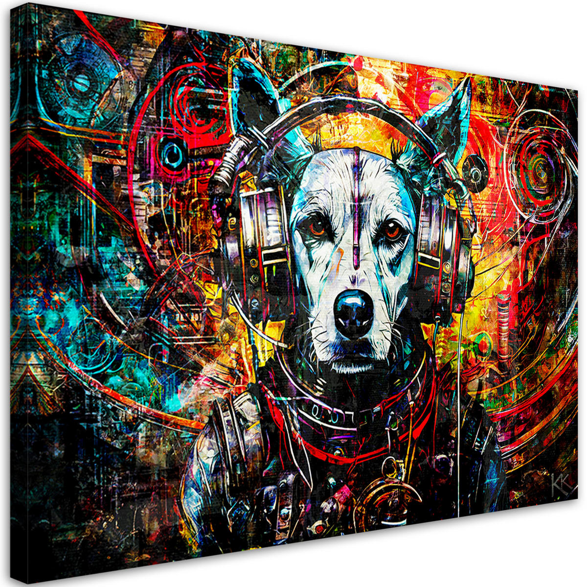 LEINWANDBILD Hund im Kopfhörer 120x80cm - Multicolor, Textil (120/80cm) - Feeby