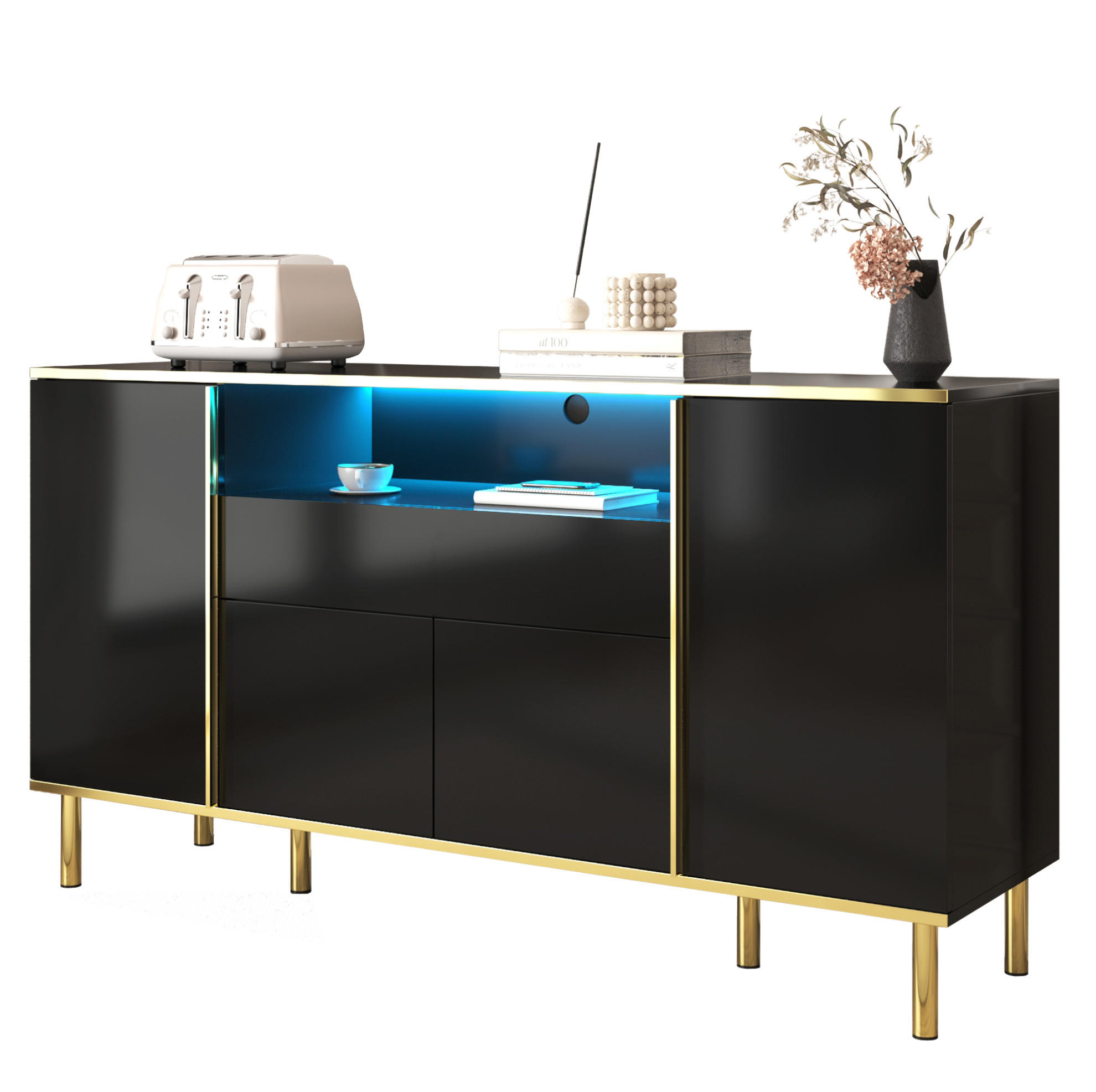KOMMODE aus MDF & Spanplatte 150x40x80cm in Schwarz mit LED-Beleuchtung - Schwarz, Holzwerkstoff (150/80/40cm) - Modfu