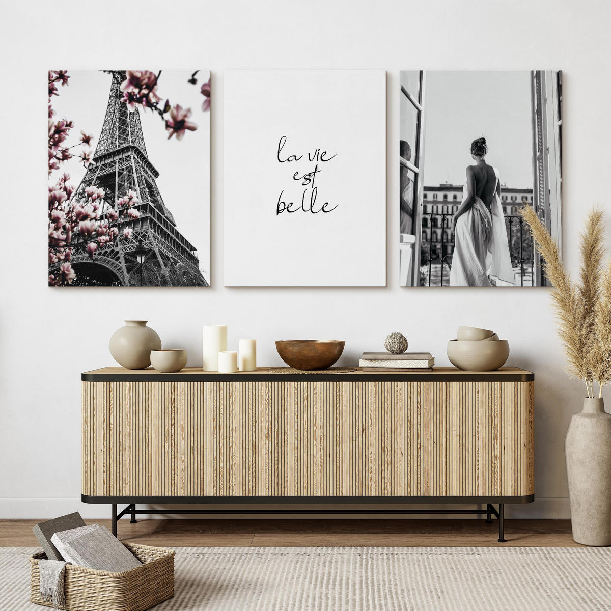 LEINWANDBILDER 3-er Set Blumen Paris 3D - Schwarz/Weiß, Textil (90/40cm) - Muralo