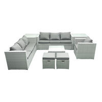 GARTENMÖBEL-SET mit Kissen Polyrattan Hellgrau-Mix 9-Sitzer - Hellgrau/Grau, Glas/Kunststoff - Fimous