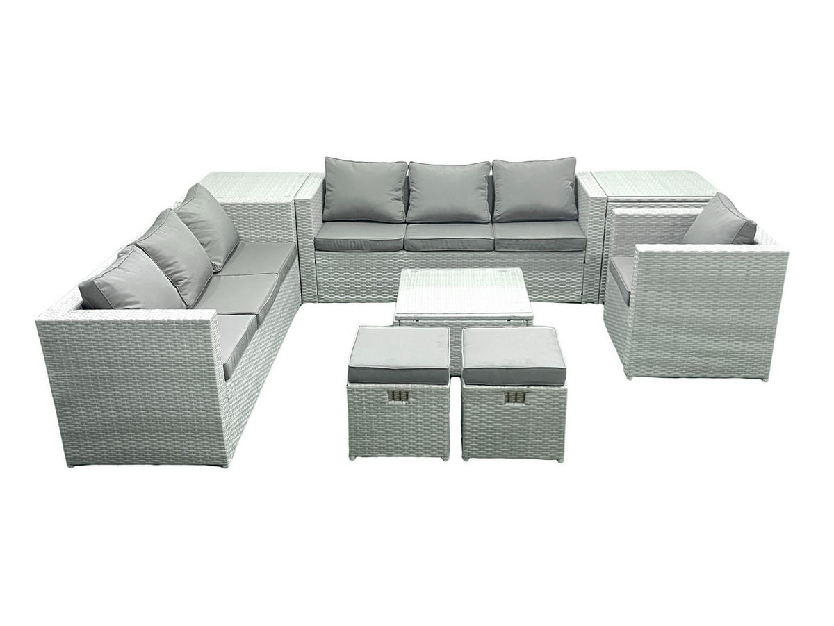 GARTENMÖBEL-SET mit Kissen Polyrattan Hellgrau-Mix 9-Sitzer - Hellgrau/Grau, Glas/Kunststoff - Fimous