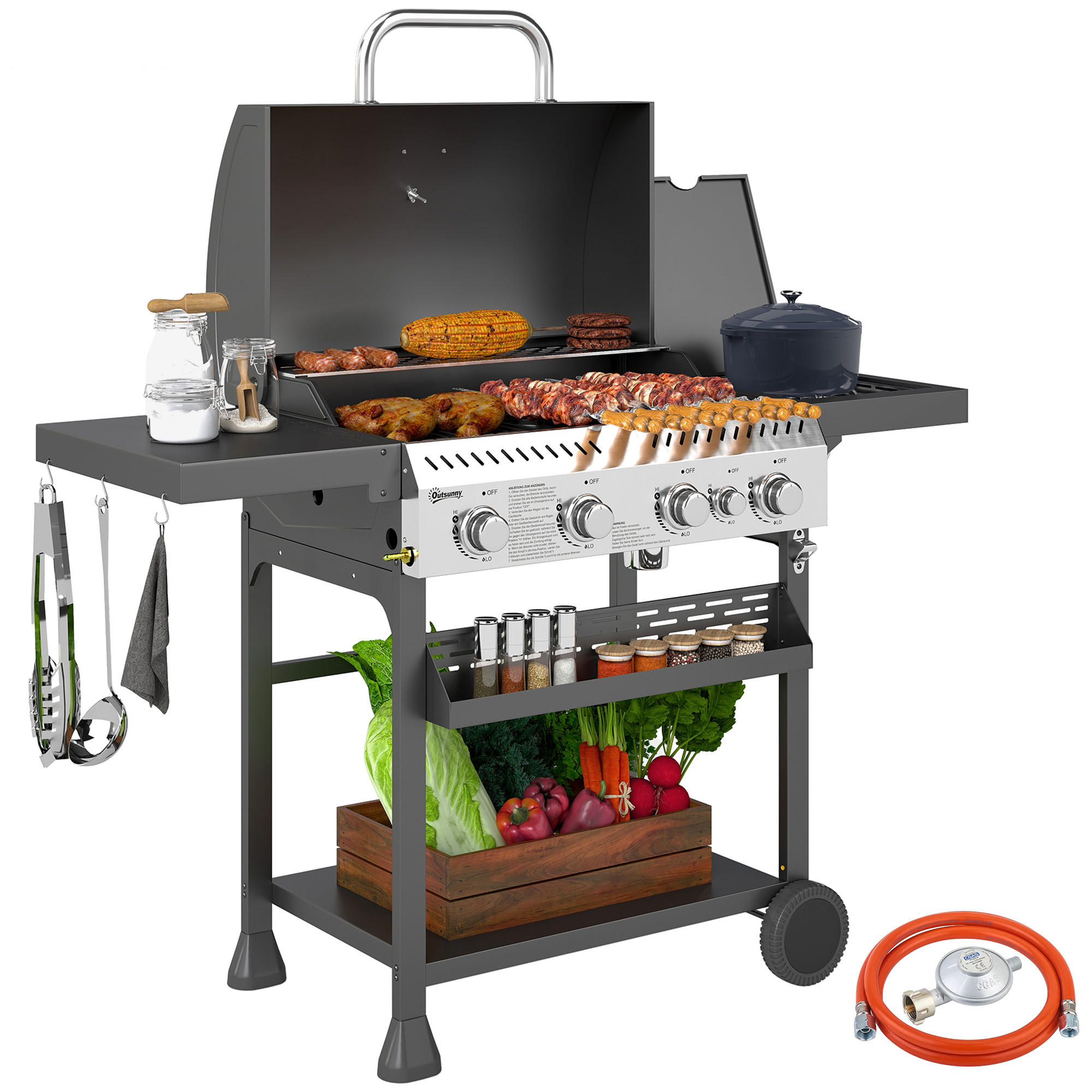 GASGRILL DE-10049 4 Hauptbrenner + Seitenkocher Schwarz - Schwarz, Metall (55/103/135cm) - ComfortXL