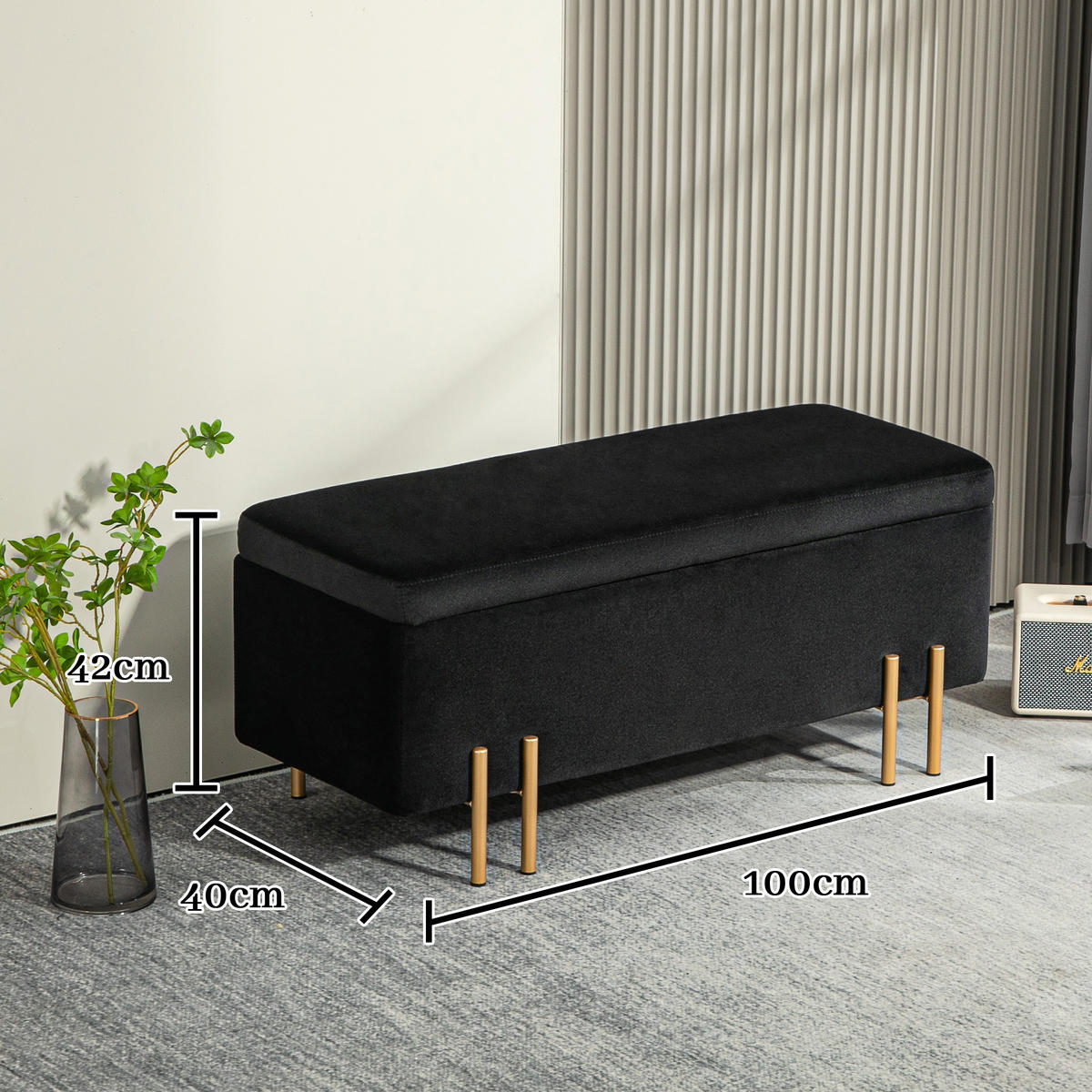 GEPOLSTERTE Sitzbank mit Stauraum, Metall, Kautschukholz, Schaumstoff Schwarz - Schwarz, Textil (40/42/100cm) - HOMCOM