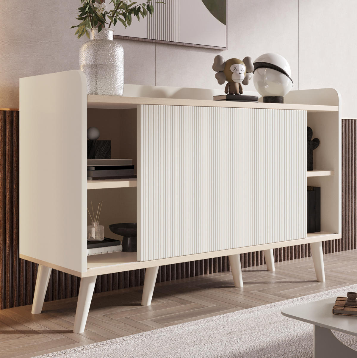 KOMMODE aus MDF 117,5x39,5x79cm in Weiß & Holzoptik mit Schiebetüren - Weiß, Holzwerkstoff (117.5/79/39.5cm) - Modfu