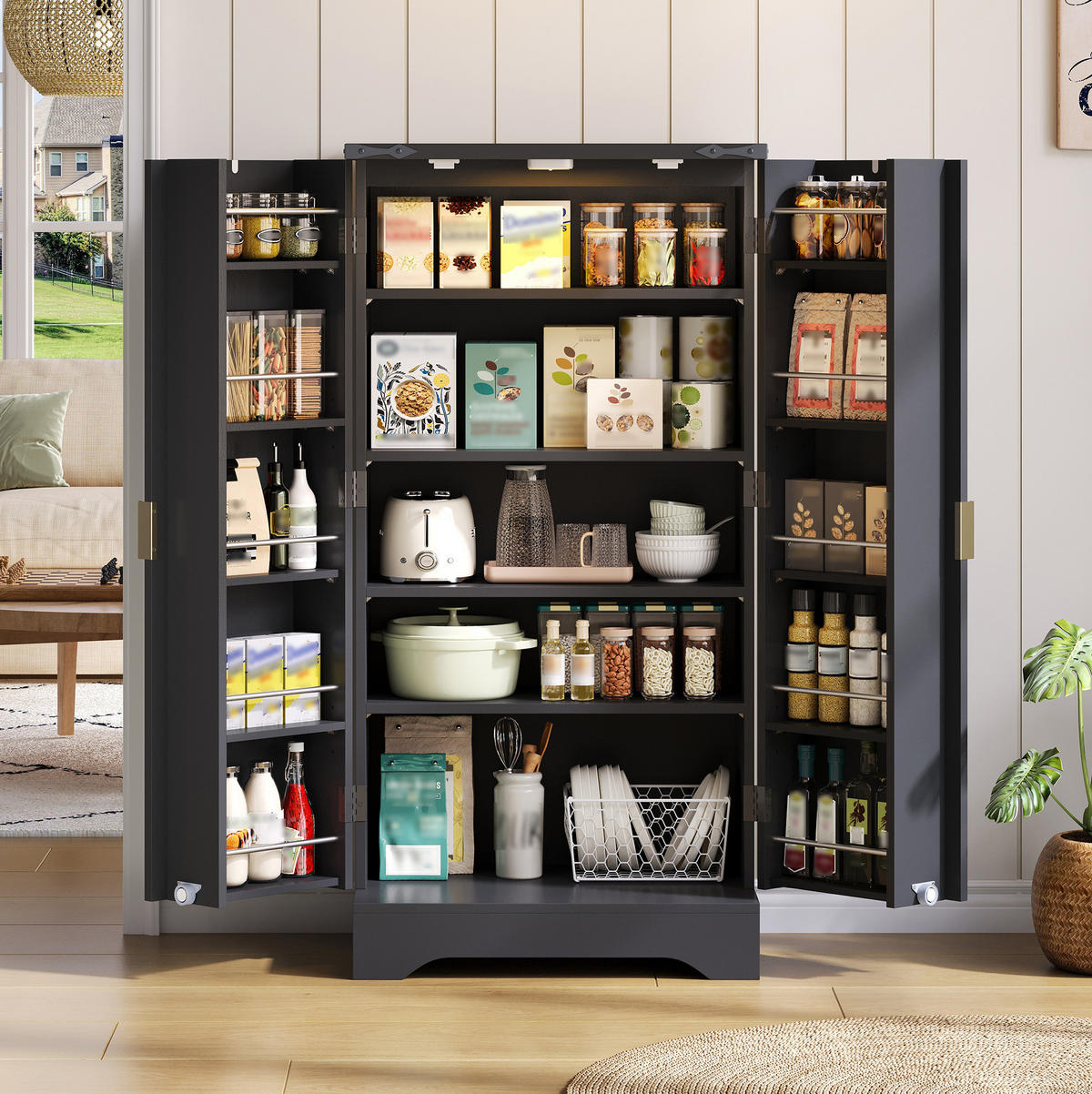 HOCHSCHRANK 120/60,5/40 cm mit LED-Sensorlicht, verstellbaren Böden und MDF-Front, Schwarz - Schwarz, Holzwerkstoff (60.5/120/40cm) - Redom