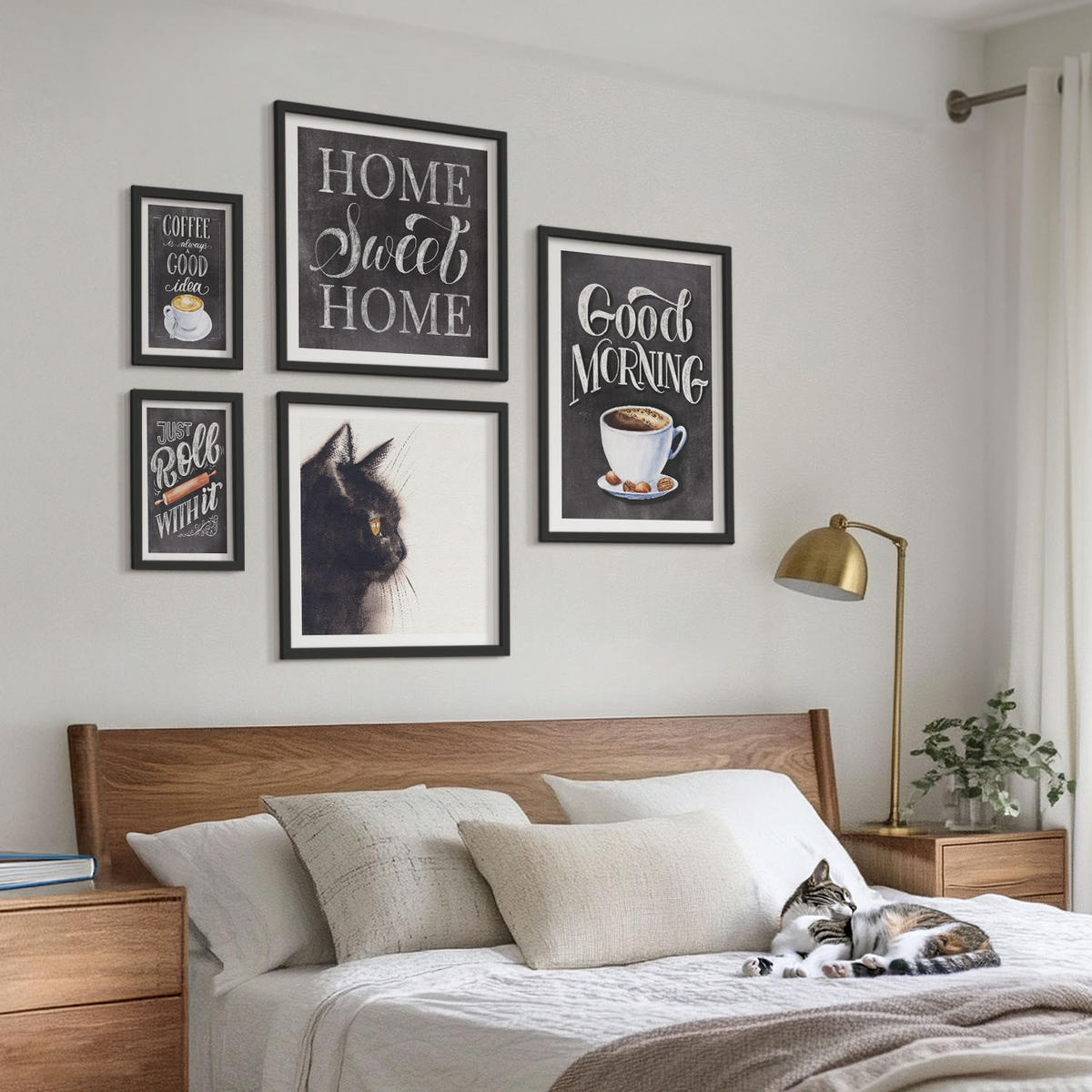 WANDBILDER 5er-Set - 50x50 cm & 20x30 cm & 40x60 cm Schwarzer Rahmen - Hausküchenthemen Katze - Schwarz, Kunststoff (40/60cm) - ArtPrintCave