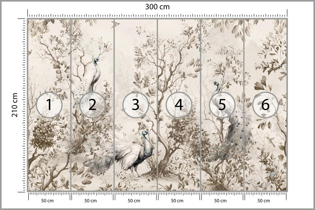 FOTOTAPETE für Wohnzimmer Pfauen Zwischen Bäumen Büsche Blätter 300x210 - Beige, Papier (300/210cm) - Muralo