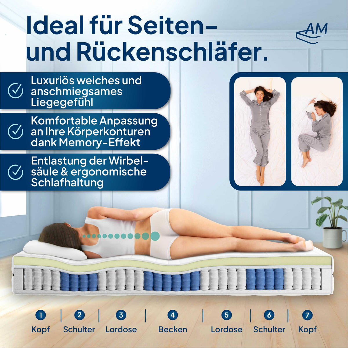 VISCO TASCHENFEDERKERNMATRATZE 180/200 cm H2 - 24cm Höhe & Tencel Bezug - Weiß, Textil (180/200cm) - AM Qualitätsmatratzen