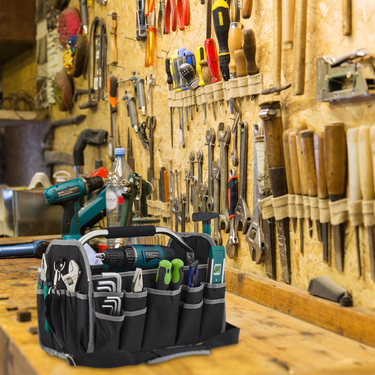 WERKZEUGTASCHE - Schwarz, Textil/Metall (42/30/23cm) - Relaxdays