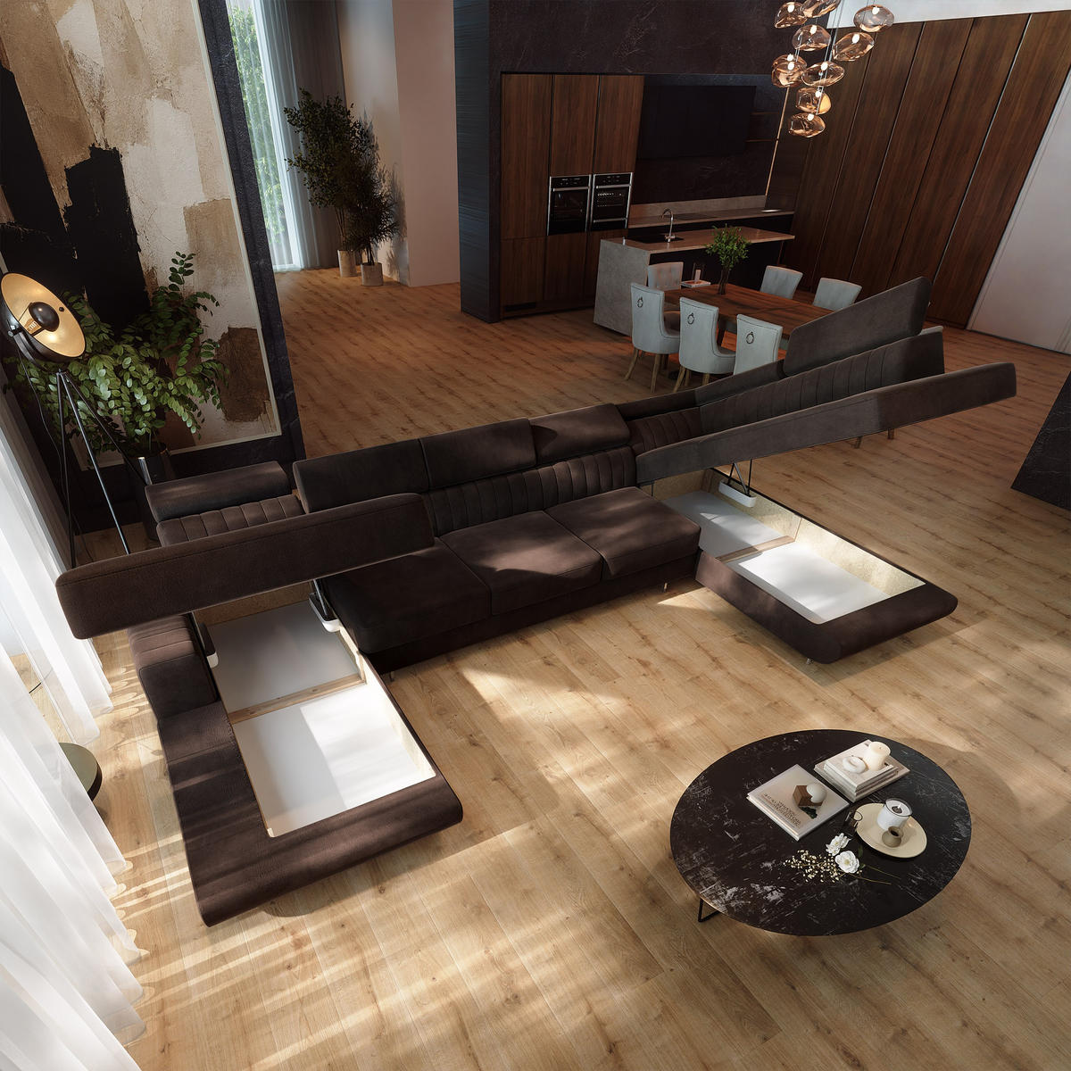 WOHNLANDSCHAFT GAIAN Braun Velours-Stoff mit Schlaffunktion - Braun, Holz (412/88/190cm) - MASSENO