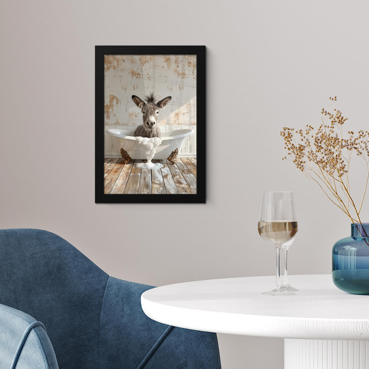 GERAHMTES BILD Esel - Tiere - Badewanne - Schaumstoff 20x30 cm - Weiß, Papier (20/30cm) - MuchoWow
