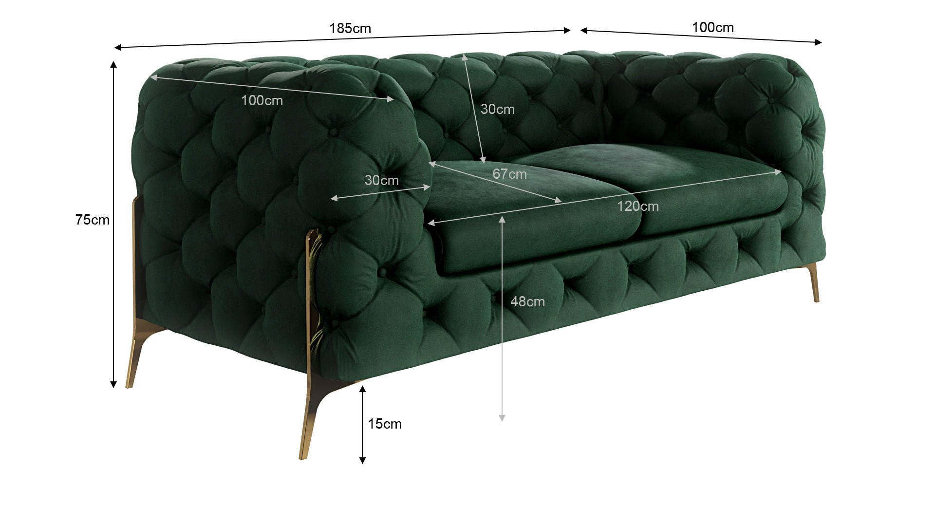 Thumbnail - S-Style Möbel Chesterfield-Sofa, Smaragdgrün, Textil, Echtholz,Buche, Birke, 2-Sitzer, Füllung: Polyetherschaumkern, 185...