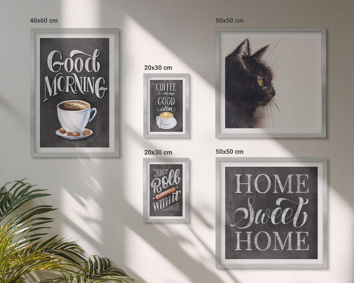 BILDER SET 5er Set - 50x50 cm & 20x30 cm & 40x60 cm Silberner Rahmen - Hausküchenthemen Katze - Silberfarben, Kunststoff (40/60cm) - TULUP