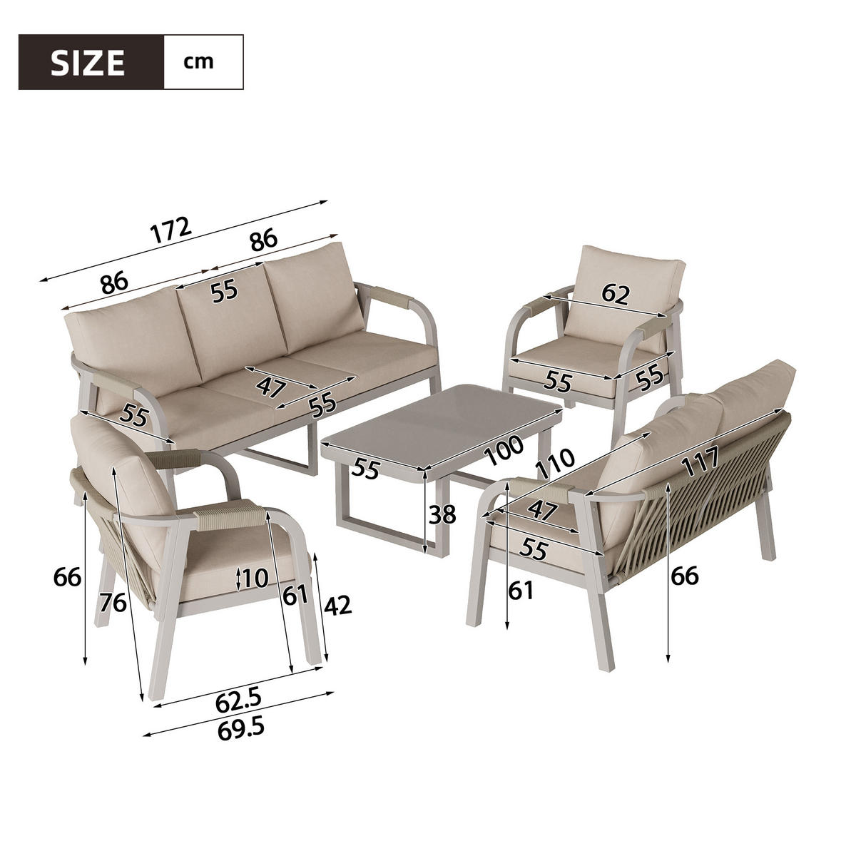 GARTENLOUNGE-SET 7 Personen 3-Sitzer 2-Sitzer Sessel Beige - Beige, Textil - FLIEKS