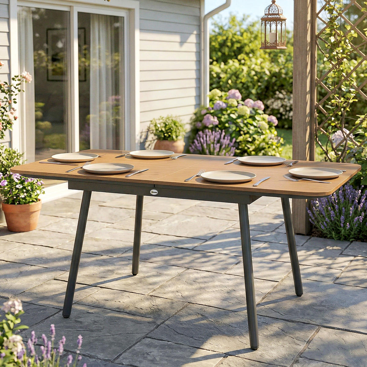 GARTENTISCH rechteckig 140/80/75 cm Teak - Schwarz/Teakfarben, Metall (140/80/75cm) - Outsunny