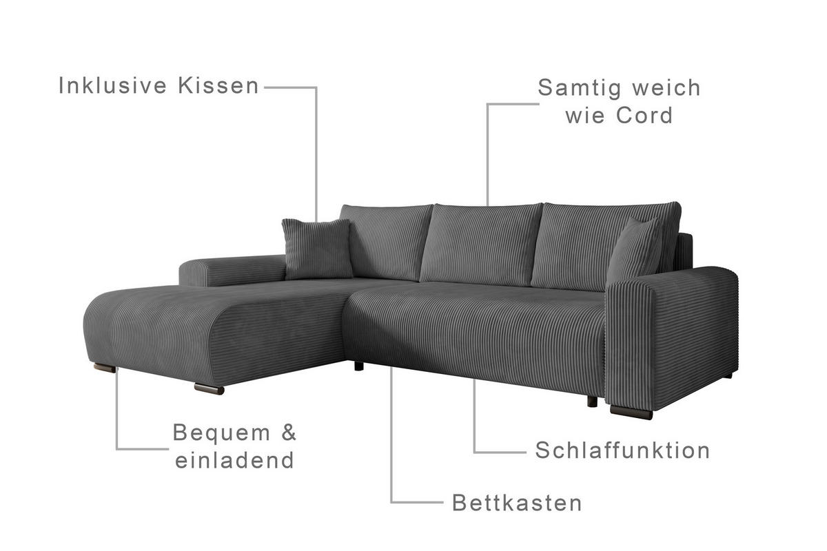 ECKSOFA Nelly mit Bettkasten und Schlaffunktion, Cordstoff in L-Form - Dunkelgrau, Textil (270/185cm)