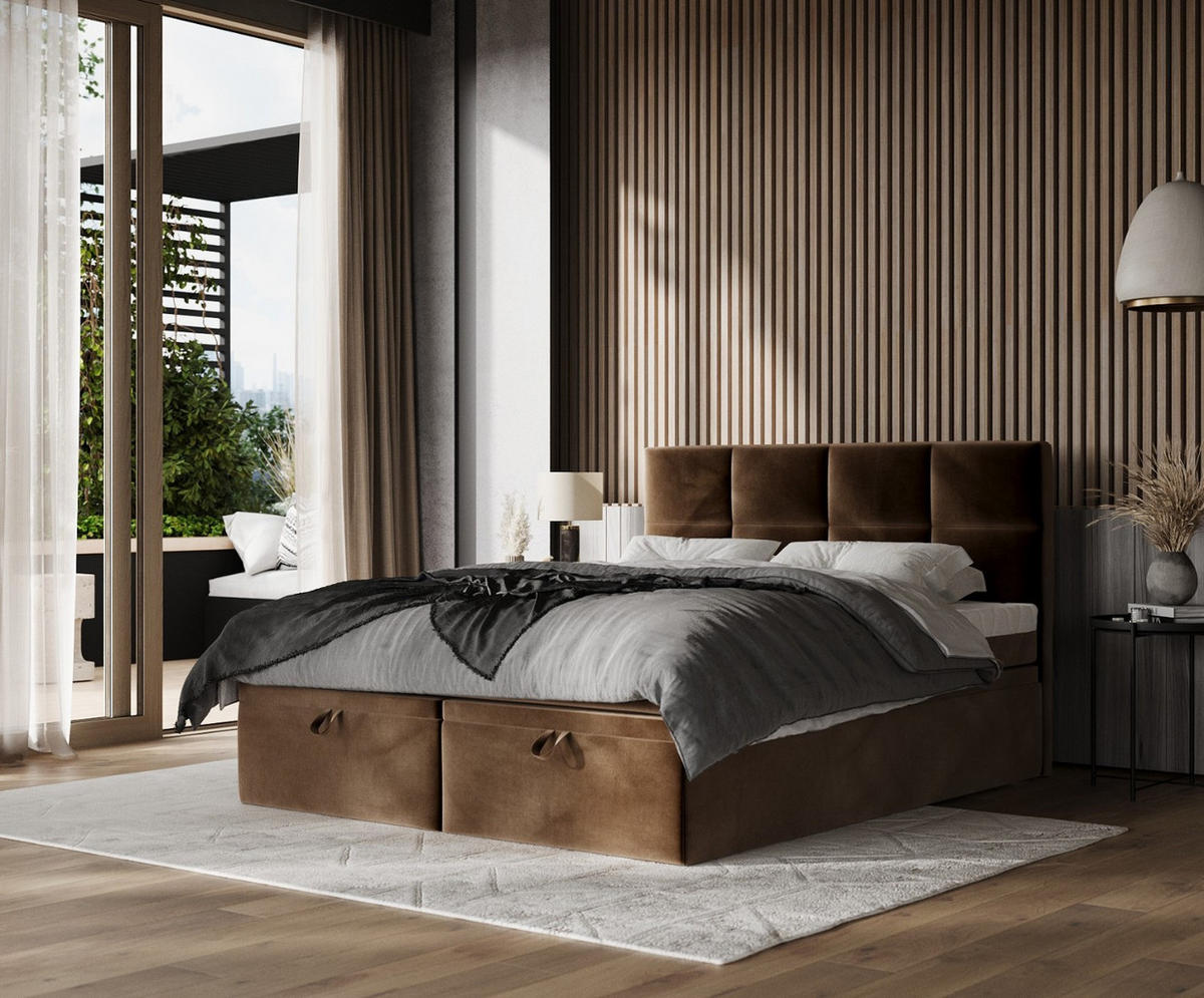 BOXBETT Tessa 180/200 cm Braun im Kronos Stoff - Schwarz/Braun, Holz/Holzwerkstoff (180/200cm) - AltaBeds