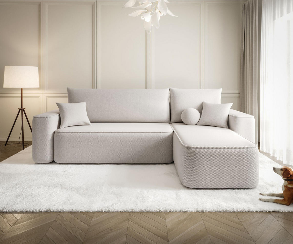 ECKSOFA TEXAS rechts hellbeige Strickstoff Curio 2 - Schlaffunktion, Bettkasten - Weiß, Textil (250/149cm) - Cornero