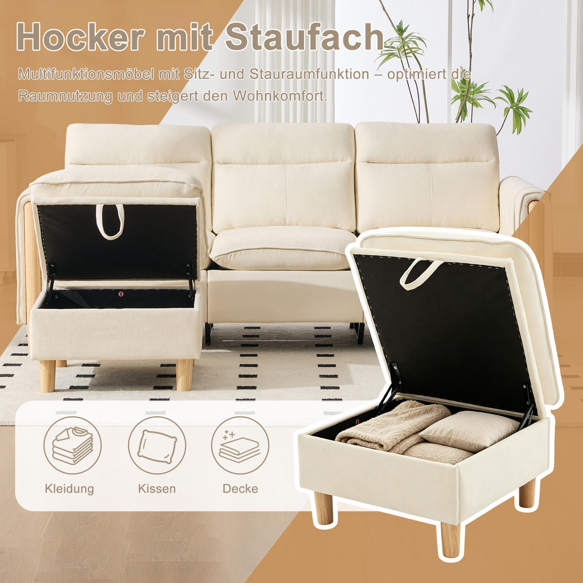 ECKSOFA 201/110/86 cm Beige mit Aufbewahrungshocker und Seitentaschen - Beige, Holz/Textil (201/110cm) - Oxeza