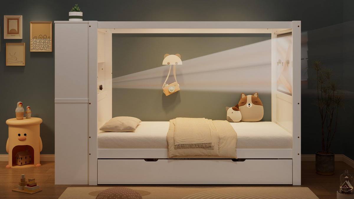 HOCHBETT 90×200 cm aus Massivholz & MDF mit Schubladen und Schreibtischbereich, weiß - Weiß, Holzwerkstoff (90/200cm) - Luhomfu